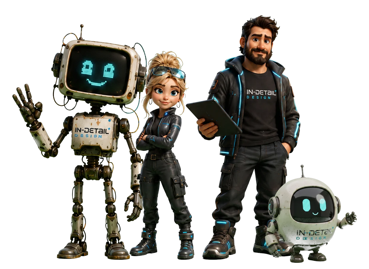 The IN·DETAIL AI Studio crew: Glitch, The Designer, The Creative Director and Pixel