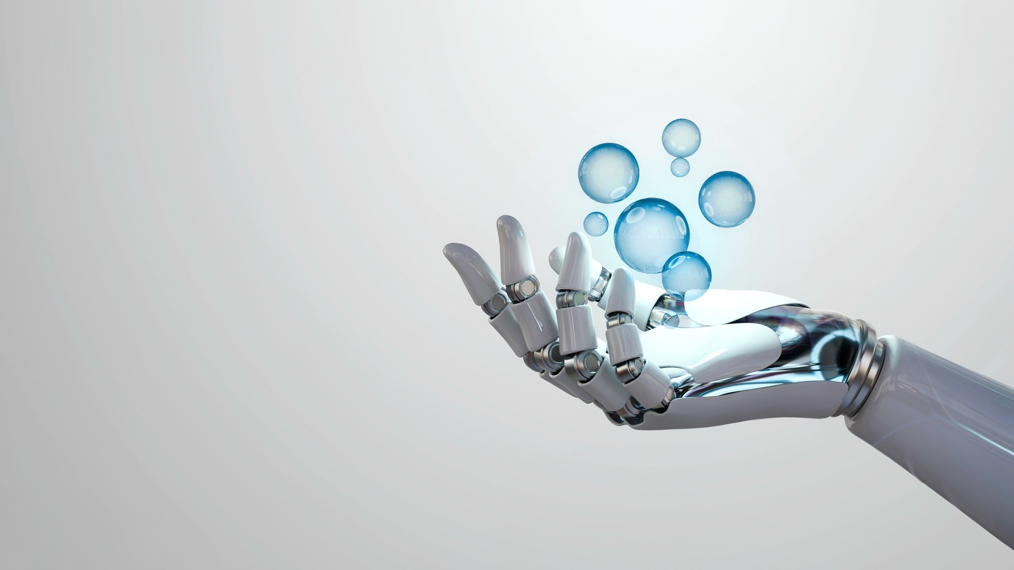 Robotic hand with glowing engagement bubbles orbiting — social media marketing agency, Johannesburg